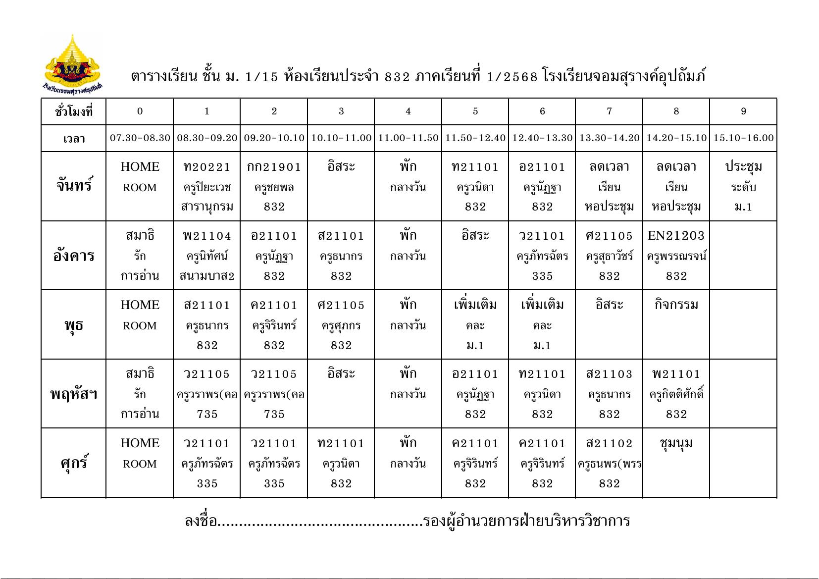 ตารางเรียน มัธยมศึกษาปีที่ 1/15
