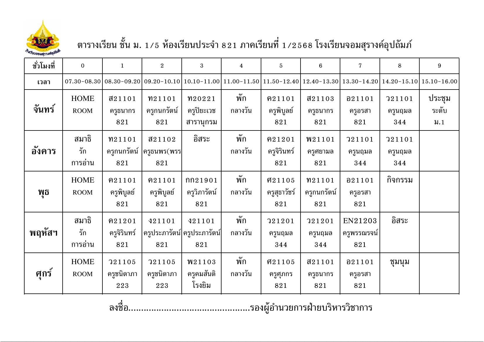 ตารางเรียน มัธยมศึกษาปีที่ 1/5
