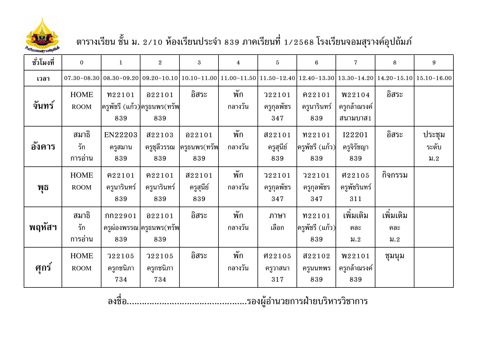ตารางเรียน มัธยมศึกษาปีที่ 2/10