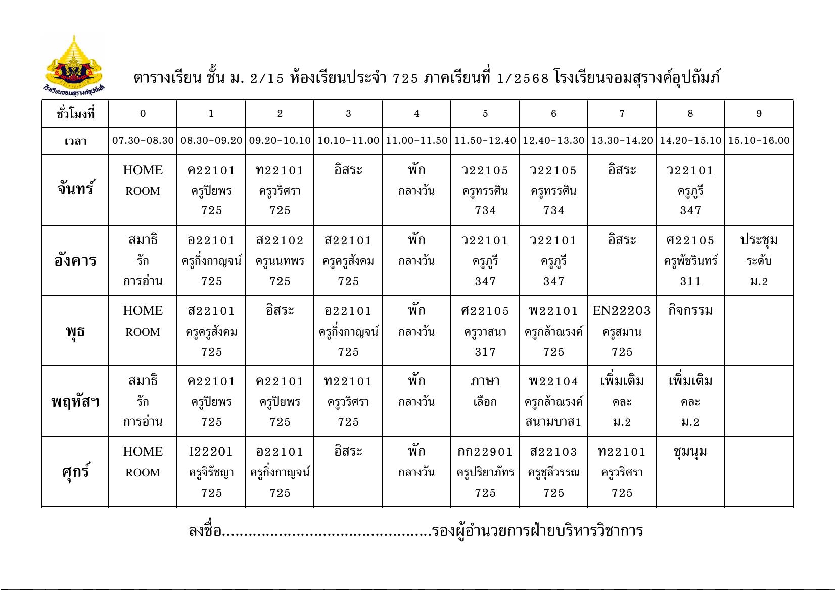 ตารางเรียน มัธยมศึกษาปีที่ 2/15