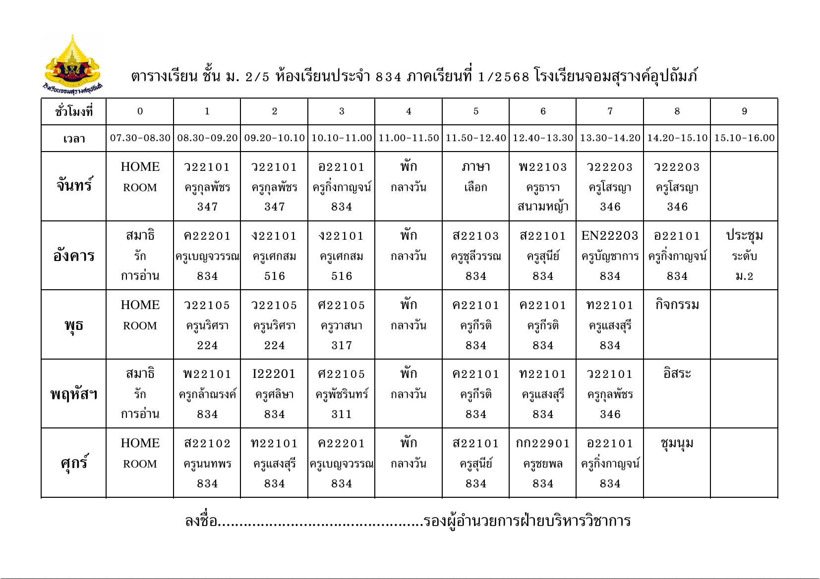 ตารางเรียน มัธยมศึกษาปีที่ 2/5