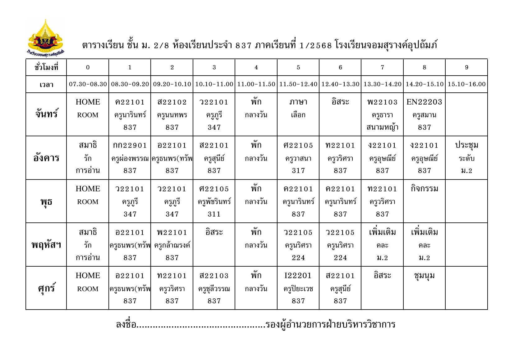 ตารางเรียน มัธยมศึกษาปีที่ 2/8