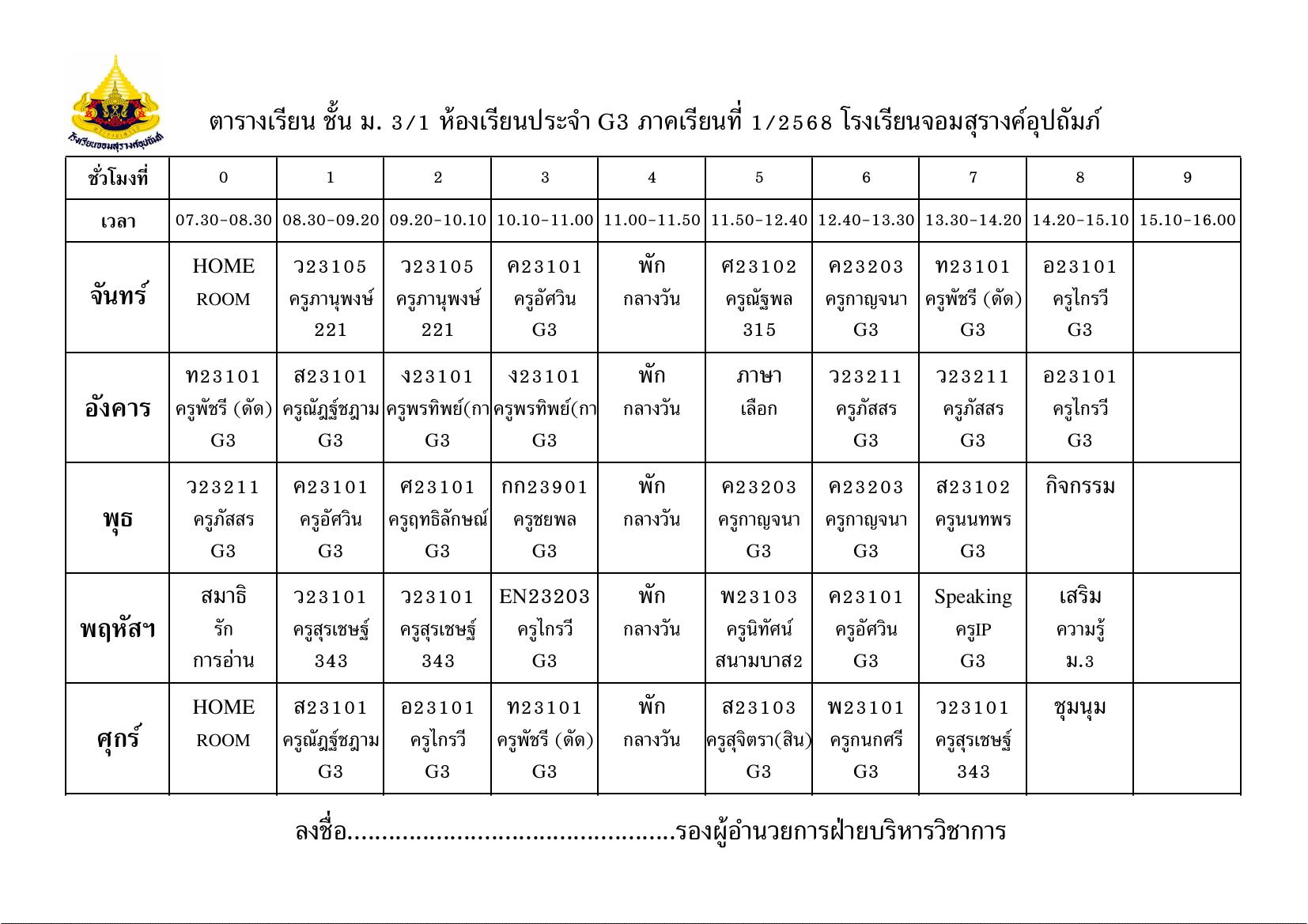 ตารางเรียน มัธยมศึกษาปีที่ 3/1