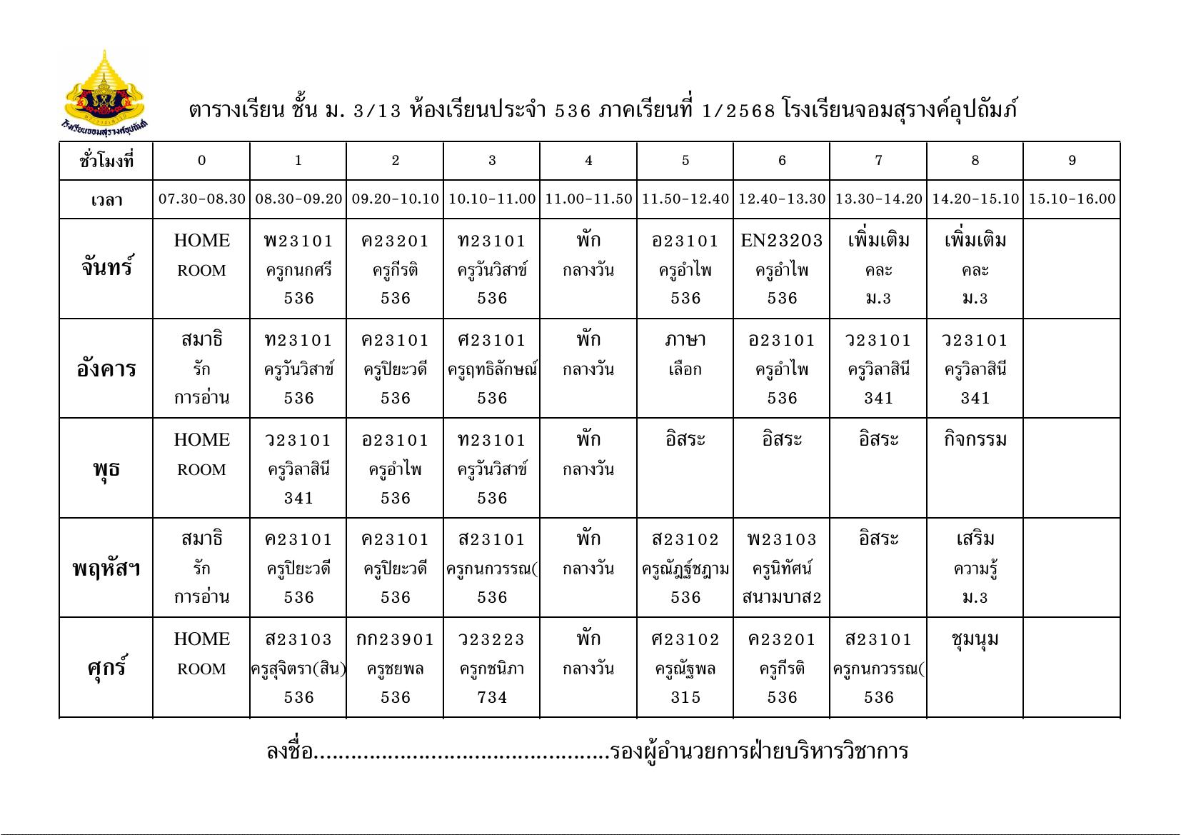 ตารางเรียน มัธยมศึกษาปีที่ 3/13