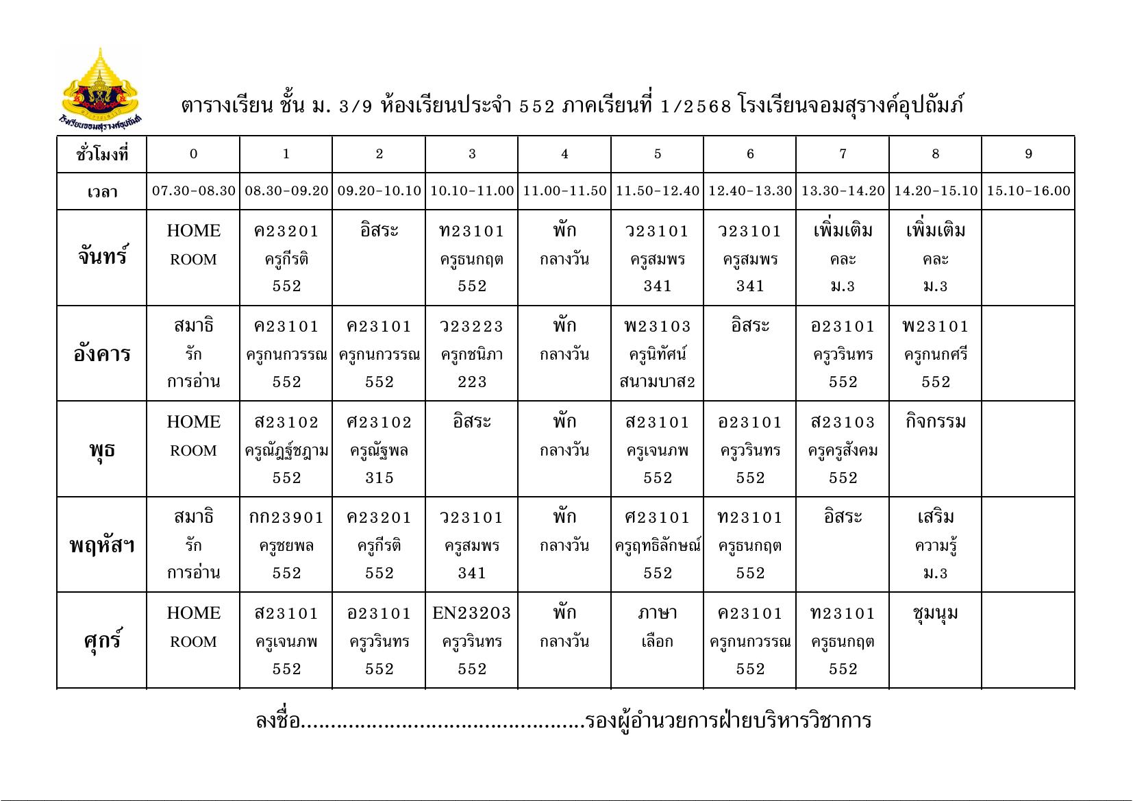 ตารางเรียน มัธยมศึกษาปีที่ 3/9