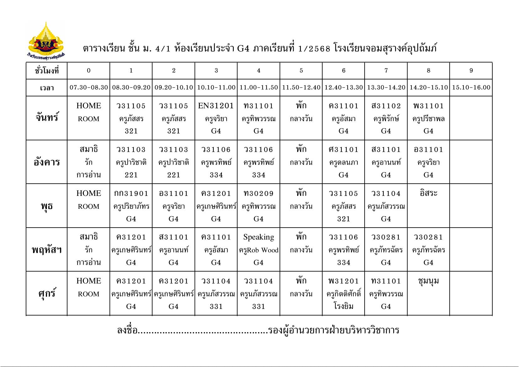 ตารางเรียน มัธยมศึกษาปีที่ 4/1