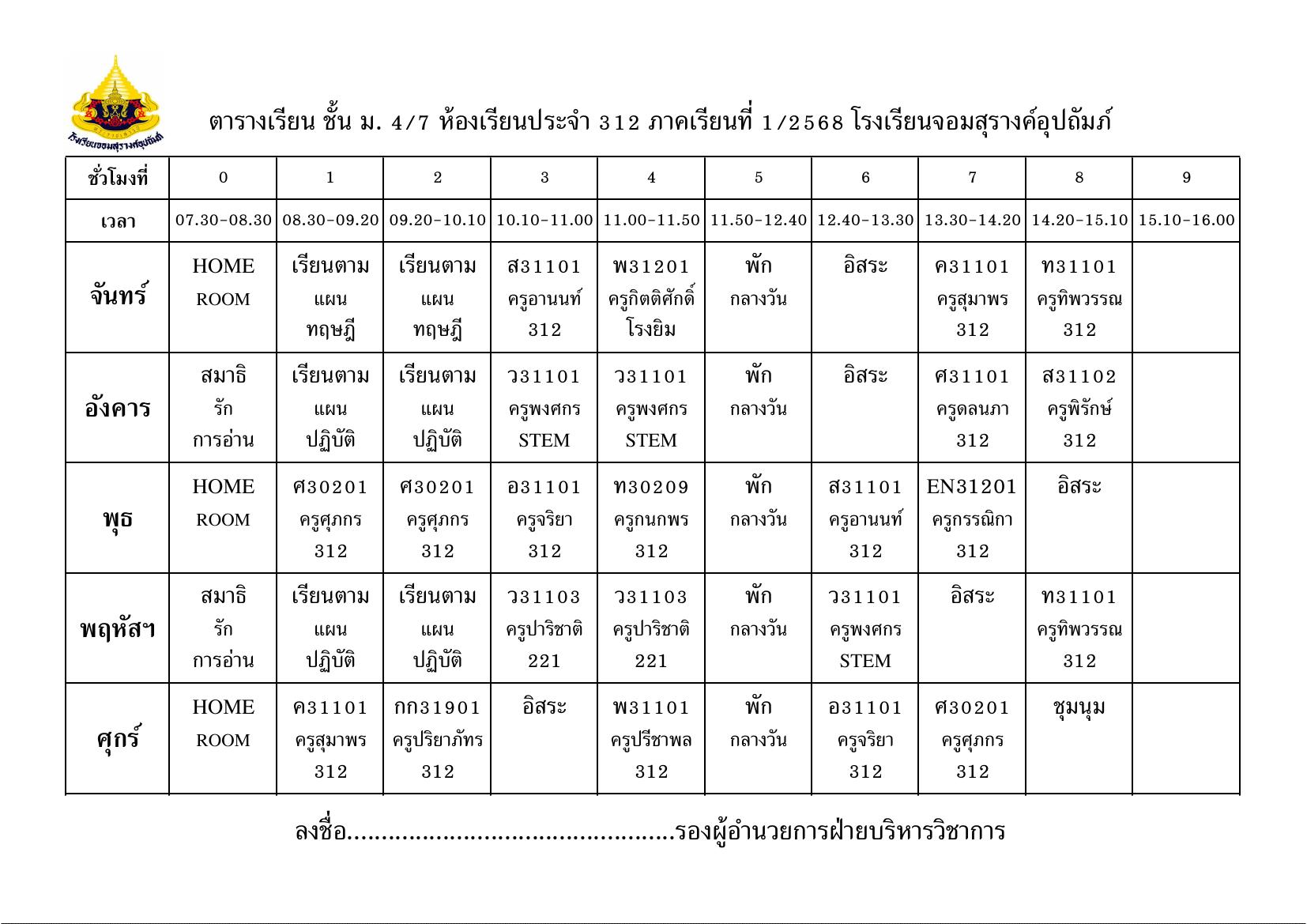 ตารางเรียน มัธยมศึกษาปีที่ 4/7