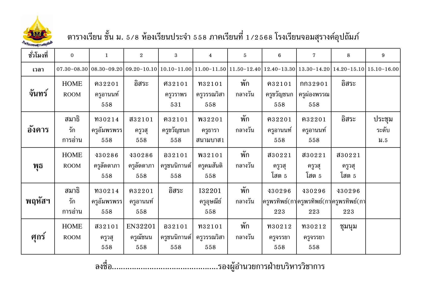 ตารางเรียน มัธยมศึกษาปีที่ 5/8