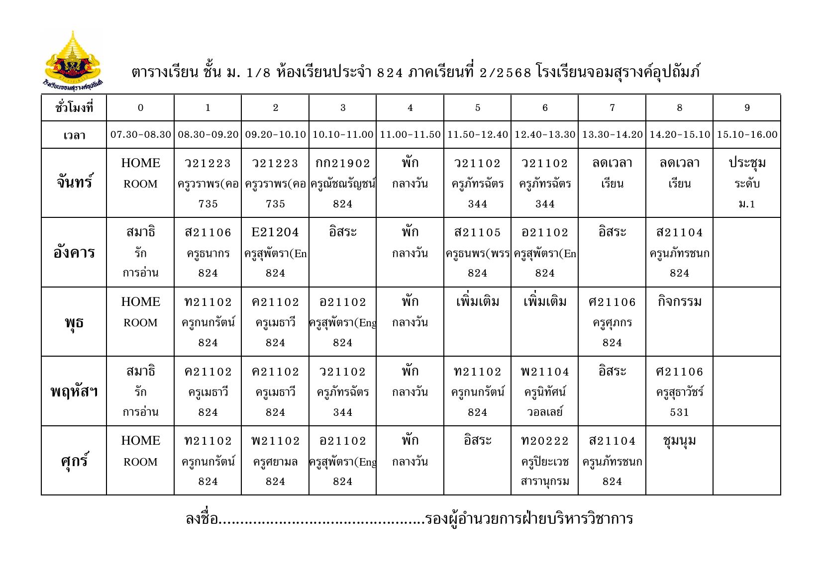 ตารางเรียน มัธยมศึกษาปีที่ 1/8