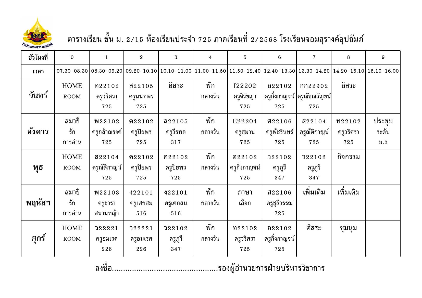 ตารางเรียน มัธยมศึกษาปีที่ 2/15