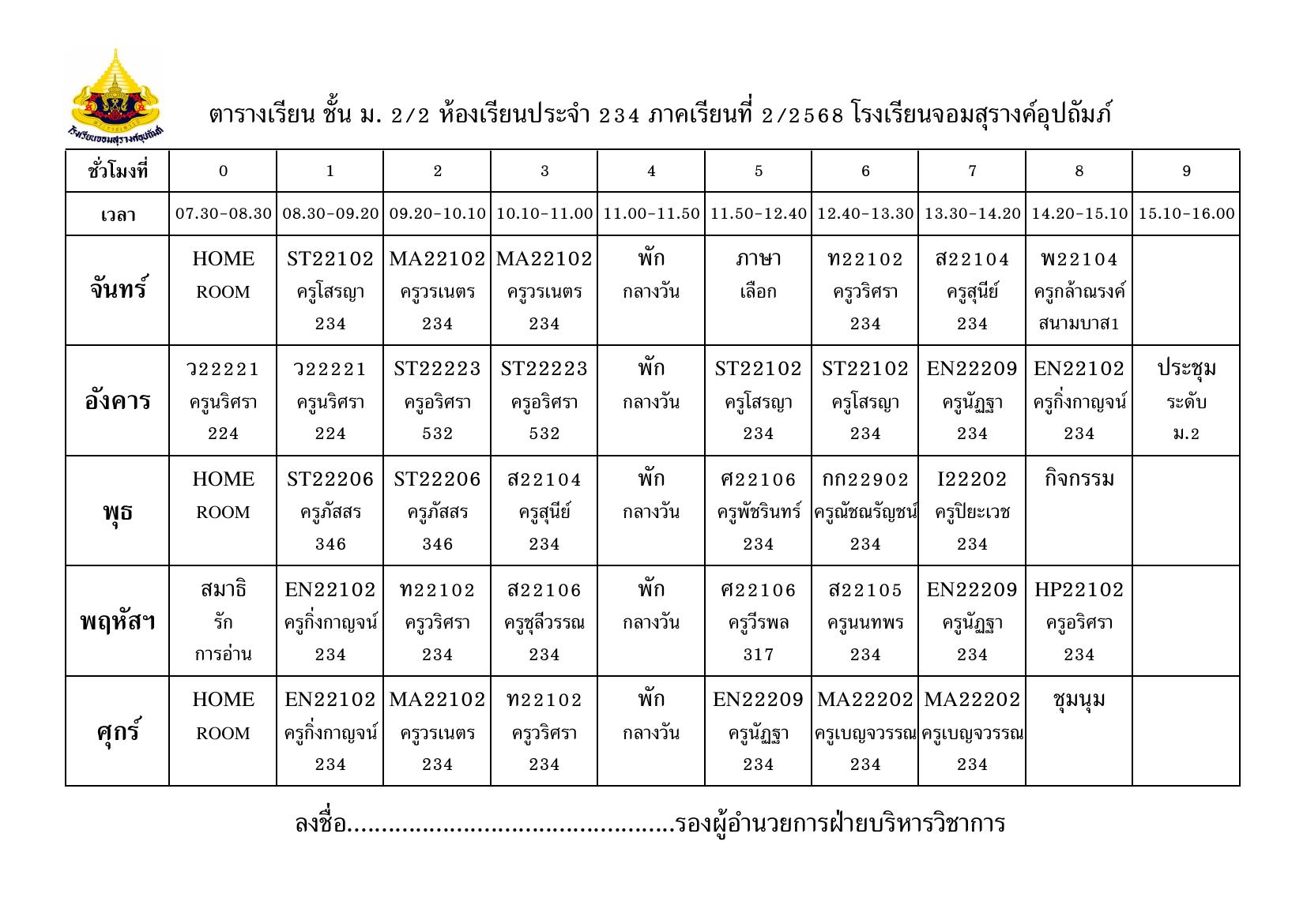 ตารางเรียน มัธยมศึกษาปีที่ 2/2