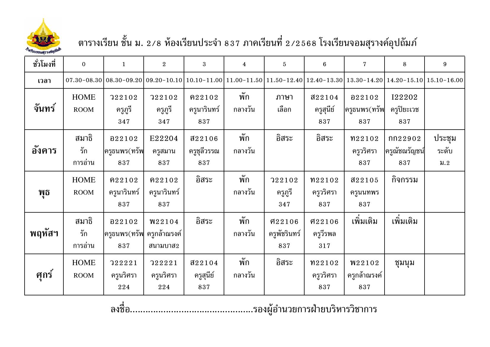 ตารางเรียน มัธยมศึกษาปีที่ 2/8