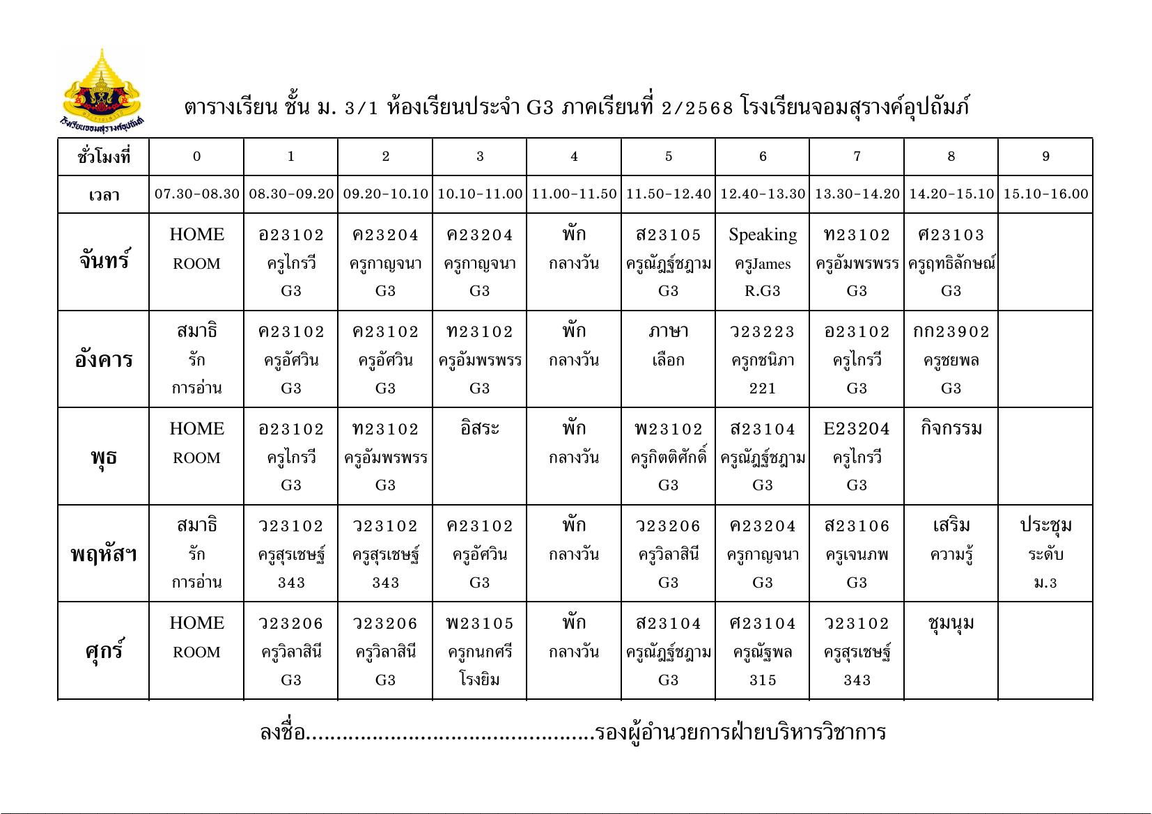 ตารางเรียน มัธยมศึกษาปีที่ 3/1