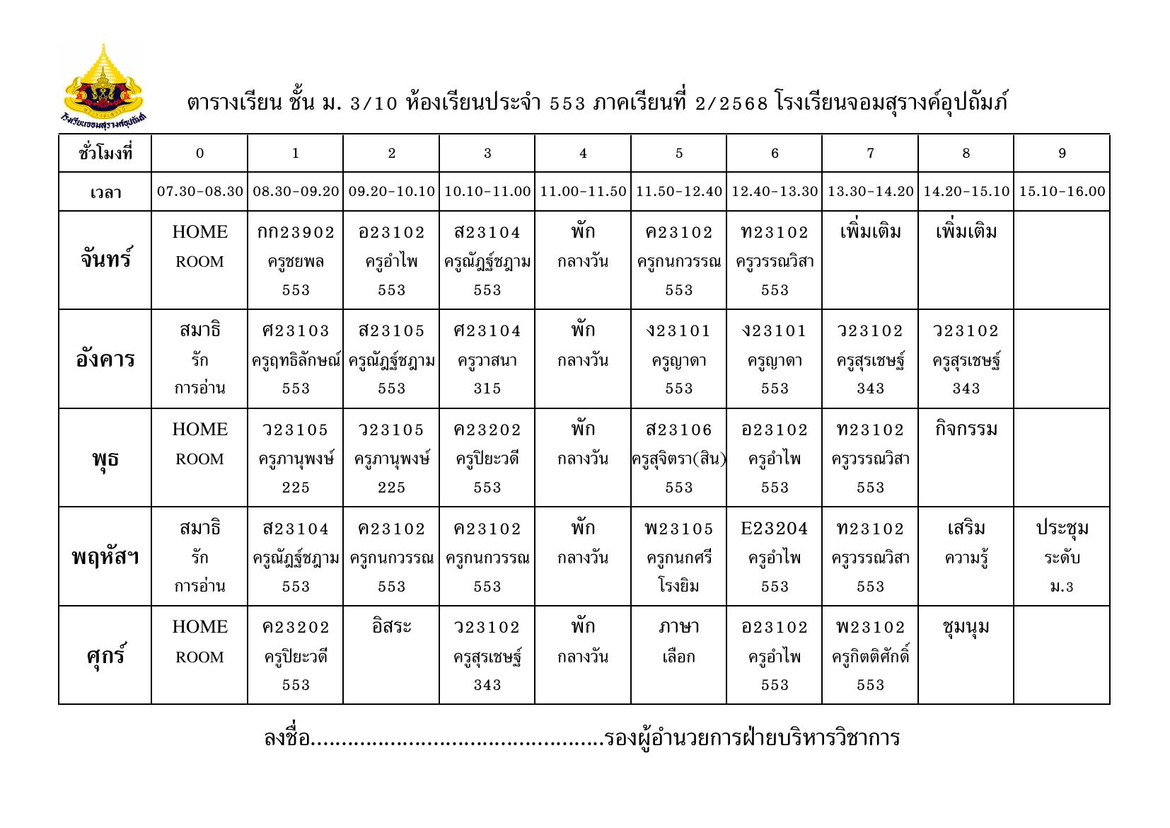 ตารางเรียน มัธยมศึกษาปีที่ 3/10