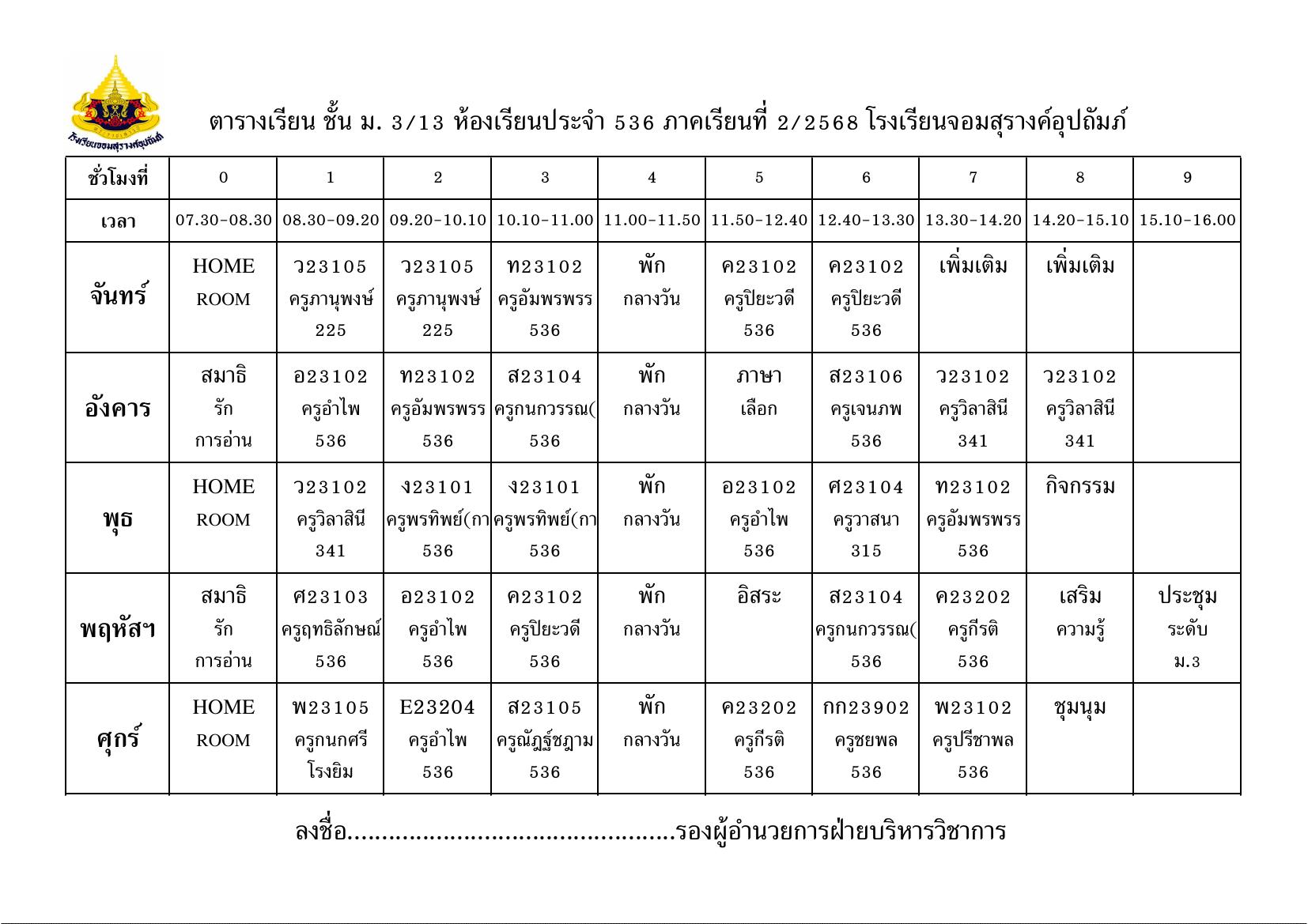 ตารางเรียน มัธยมศึกษาปีที่ 3/13