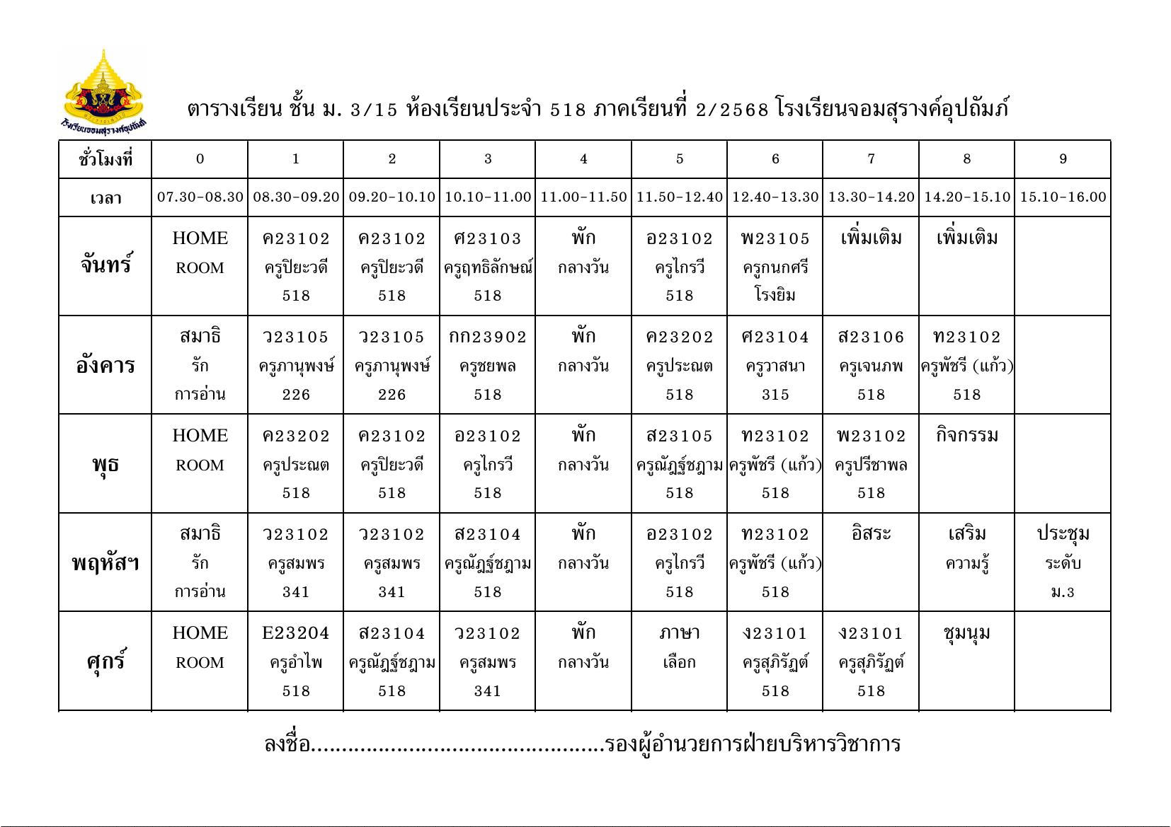 ตารางเรียน มัธยมศึกษาปีที่ 3/15