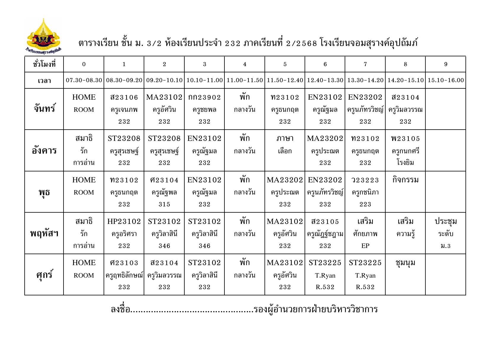 ตารางเรียน มัธยมศึกษาปีที่ 3/2