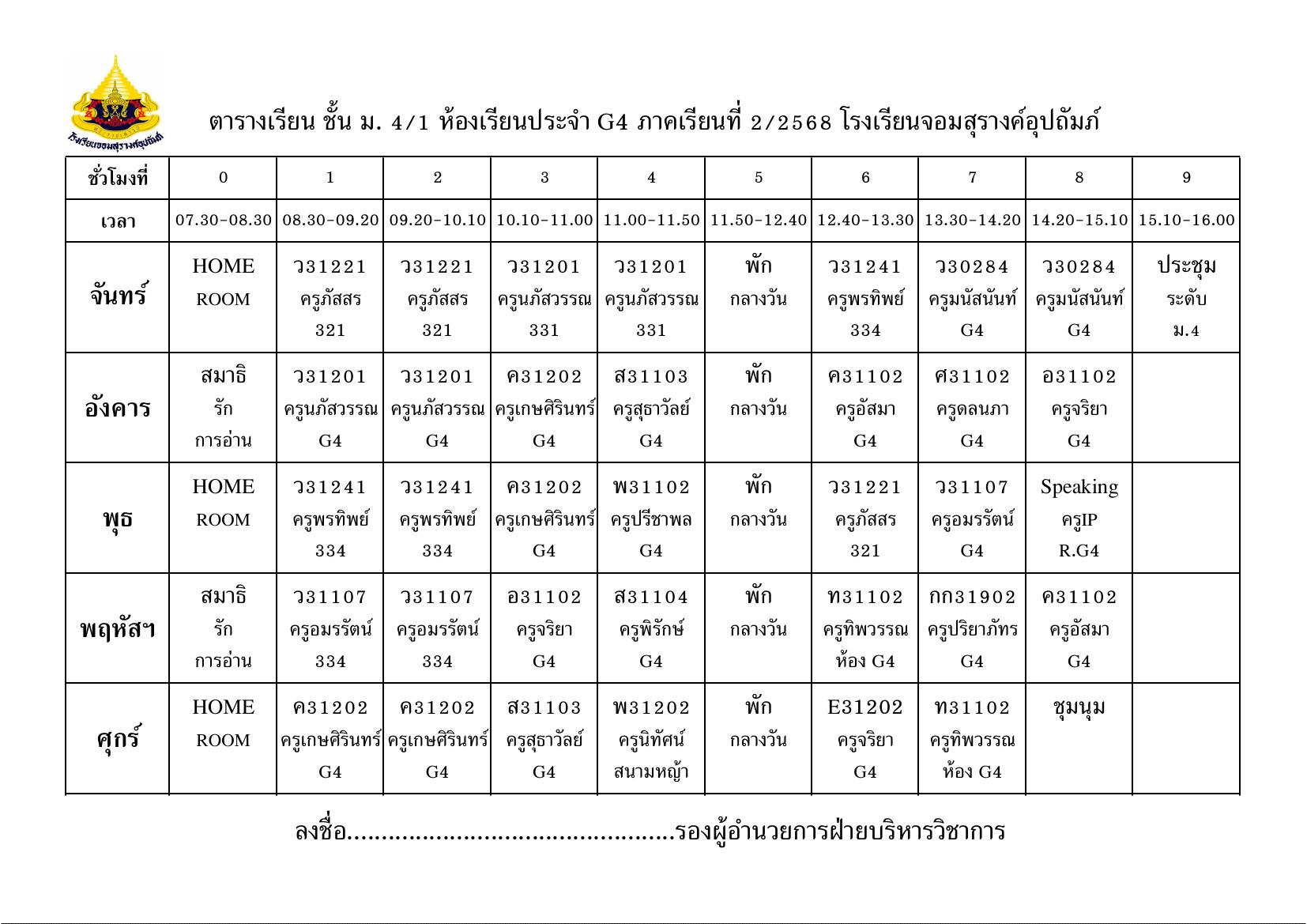 ตารางเรียน มัธยมศึกษาปีที่ 4/1