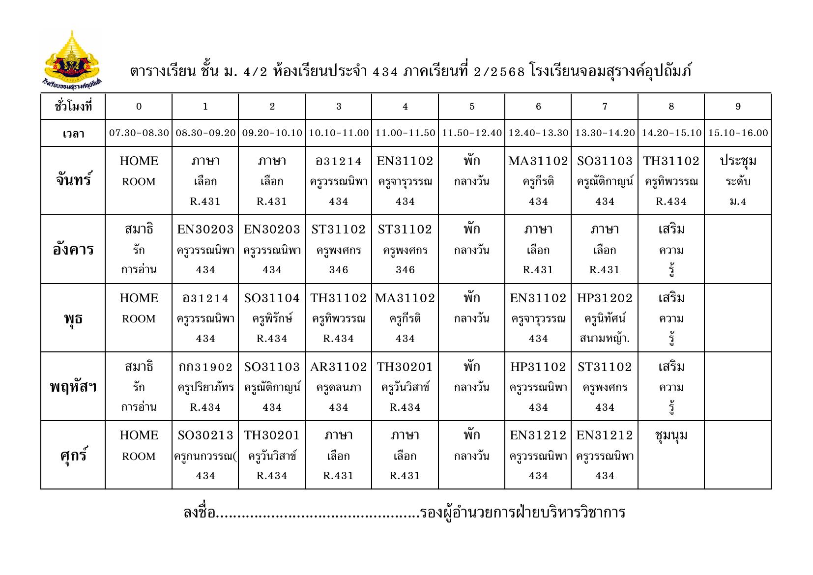 ตารางเรียน มัธยมศึกษาปีที่ 4/2