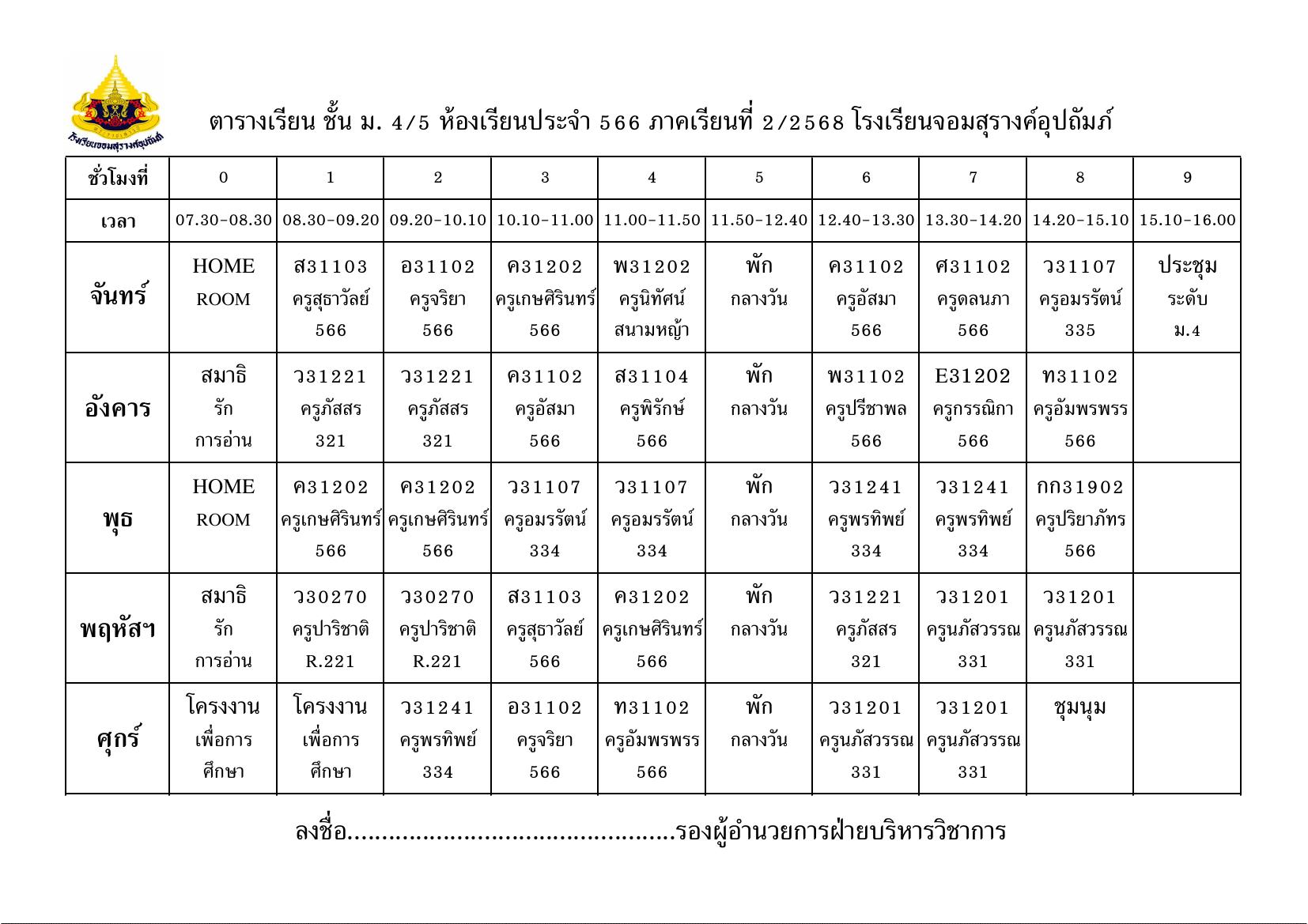 ตารางเรียน มัธยมศึกษาปีที่ 4/5