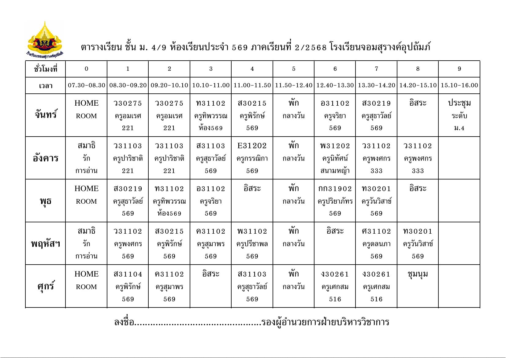 ตารางเรียน มัธยมศึกษาปีที่ 4/9