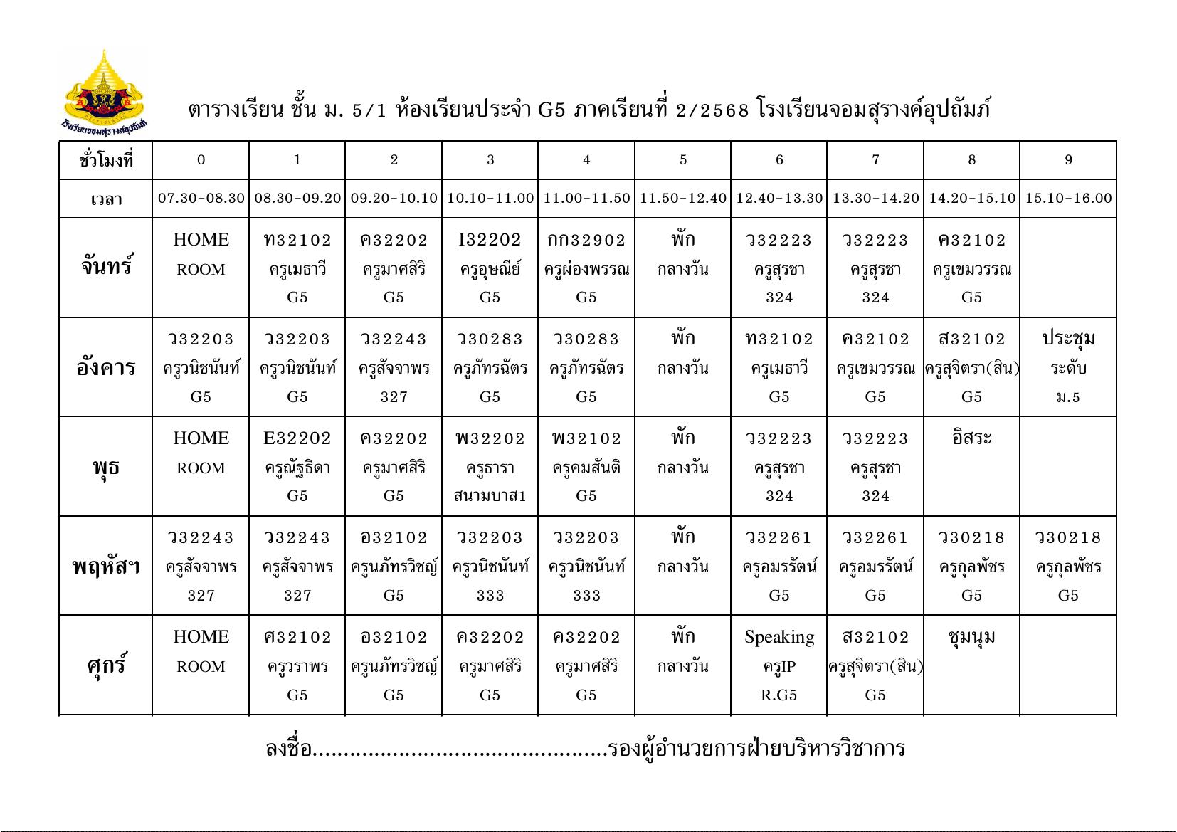 ตารางเรียน มัธยมศึกษาปีที่ 5/1