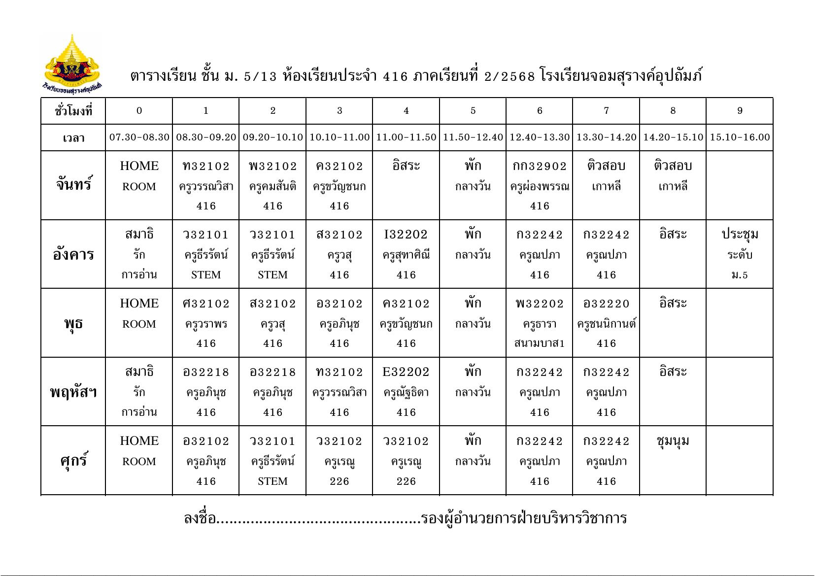 ตารางเรียน มัธยมศึกษาปีที่ 5/13
