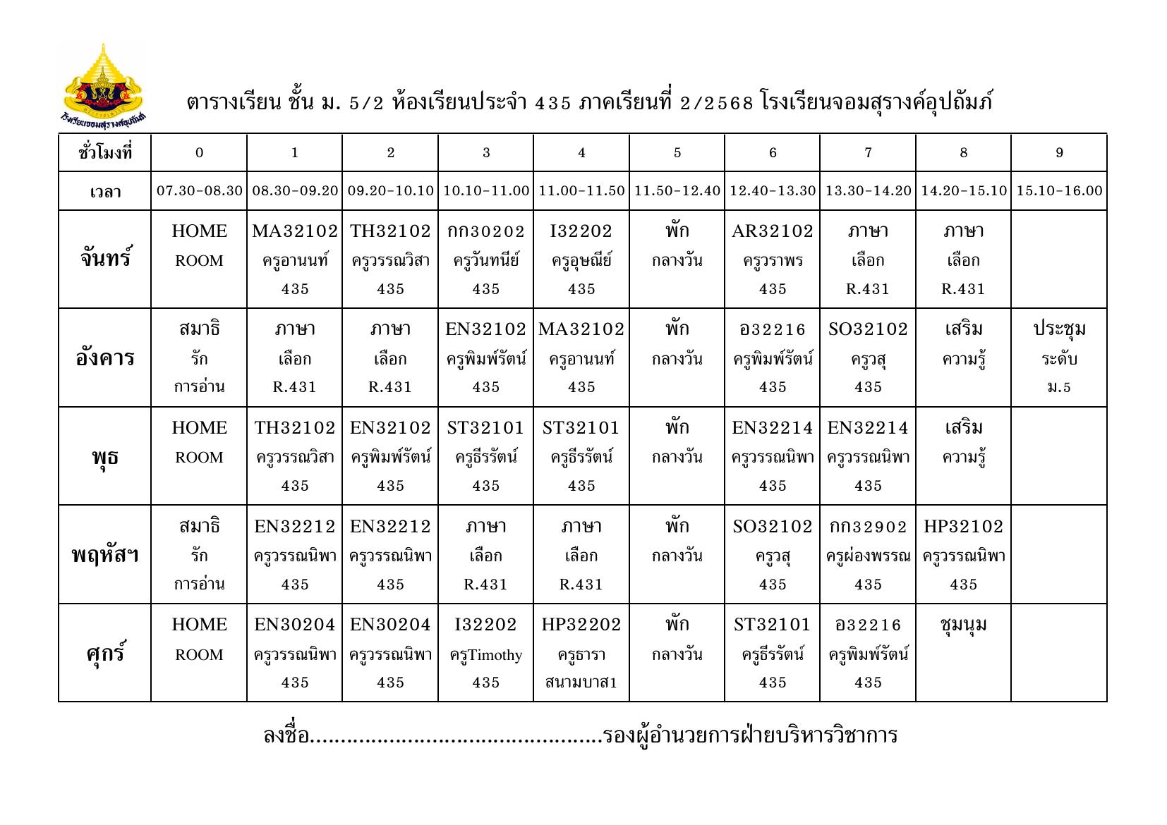 ตารางเรียน มัธยมศึกษาปีที่ 5/2