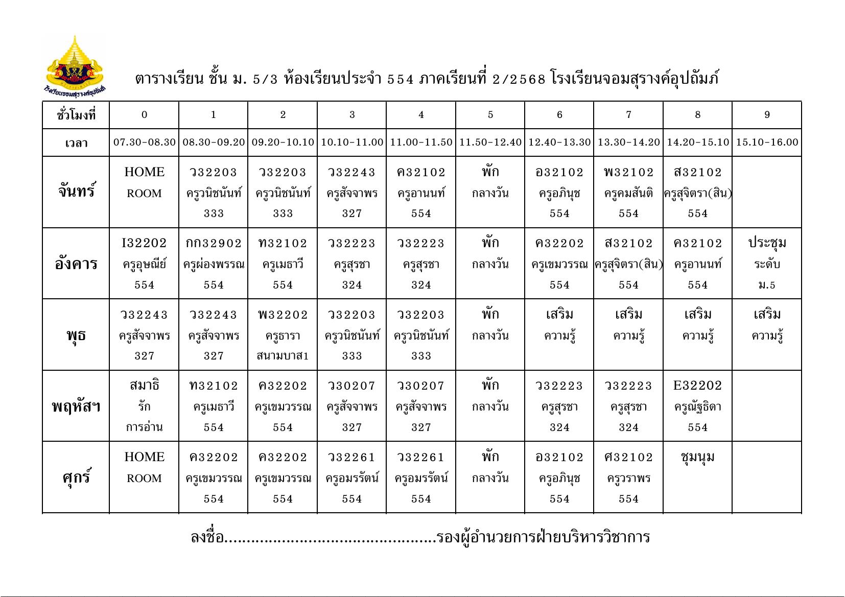 ตารางเรียน มัธยมศึกษาปีที่ 5/3