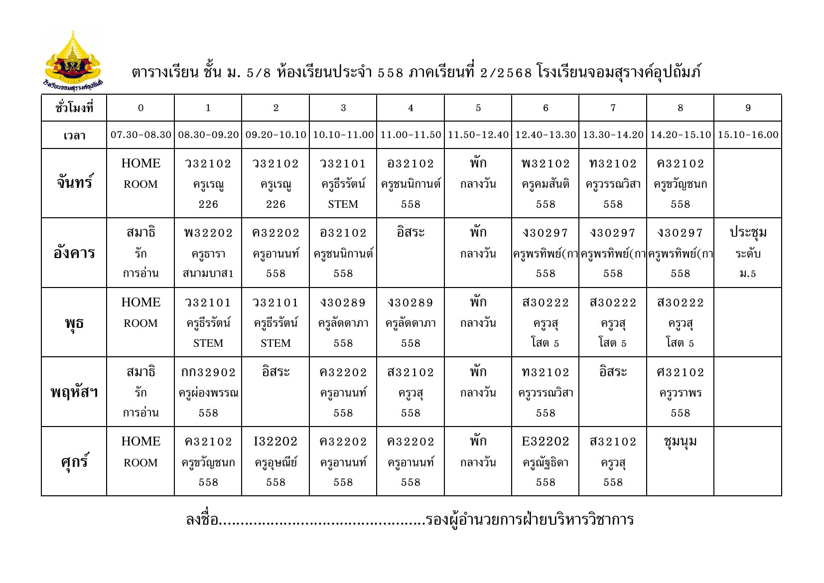 ตารางเรียน มัธยมศึกษาปีที่ 5/8