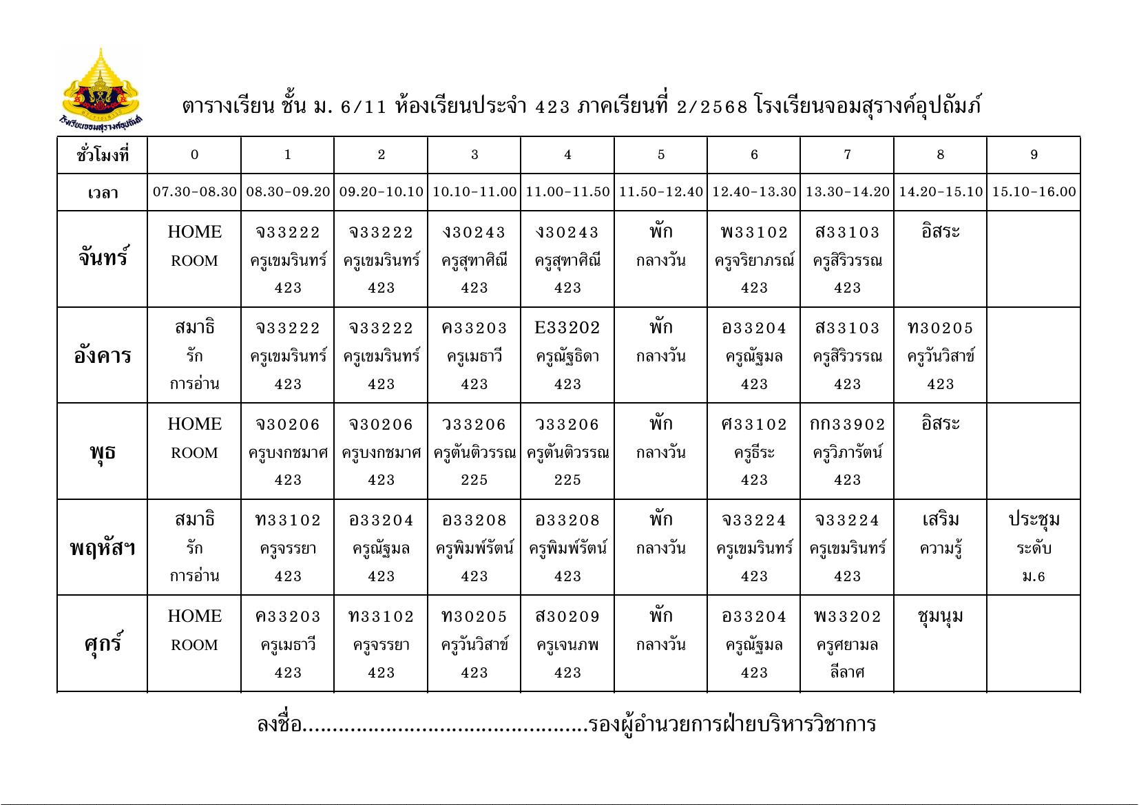 ตารางเรียน มัธยมศึกษาปีที่ 6/11
