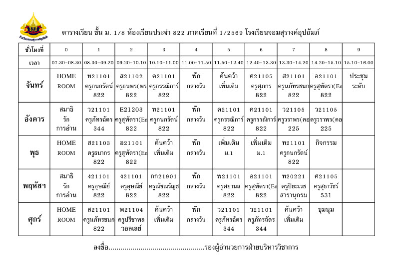 ตารางเรียน มัธยมศึกษาปีที่ 1/8