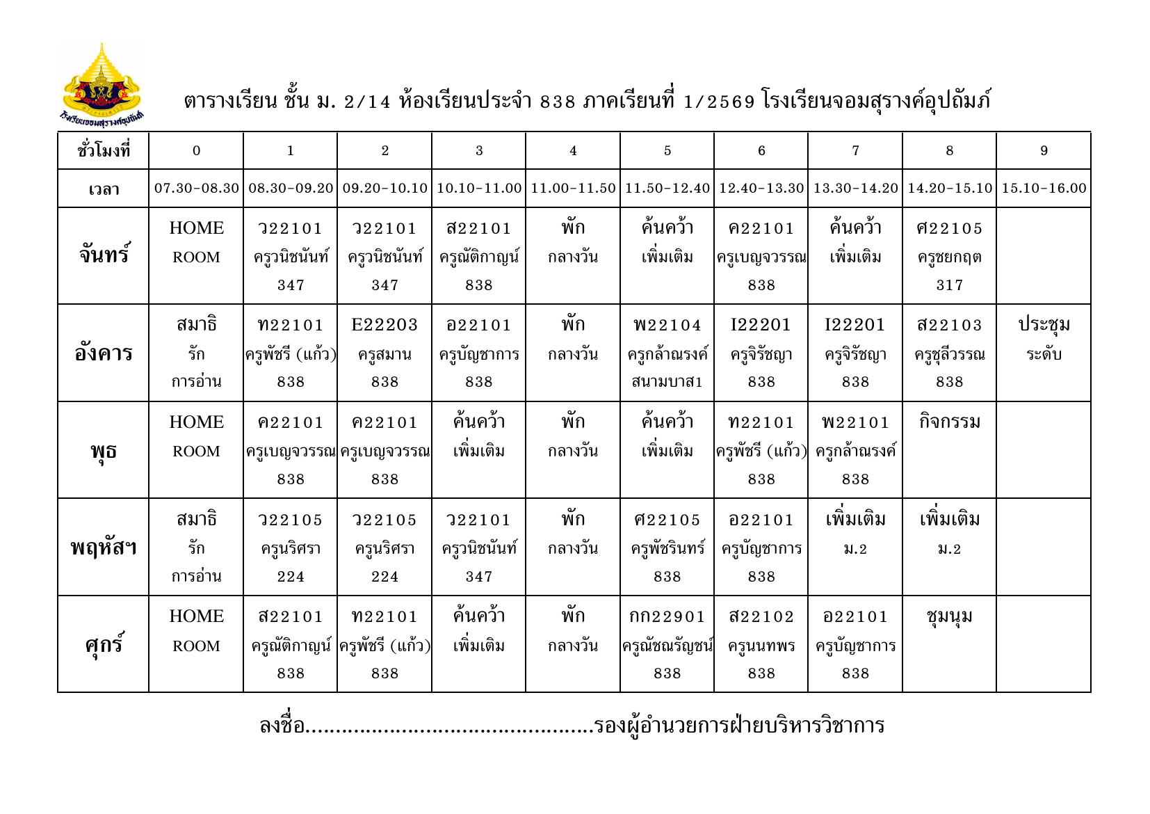 ตารางเรียน มัธยมศึกษาปีที่ 2/14