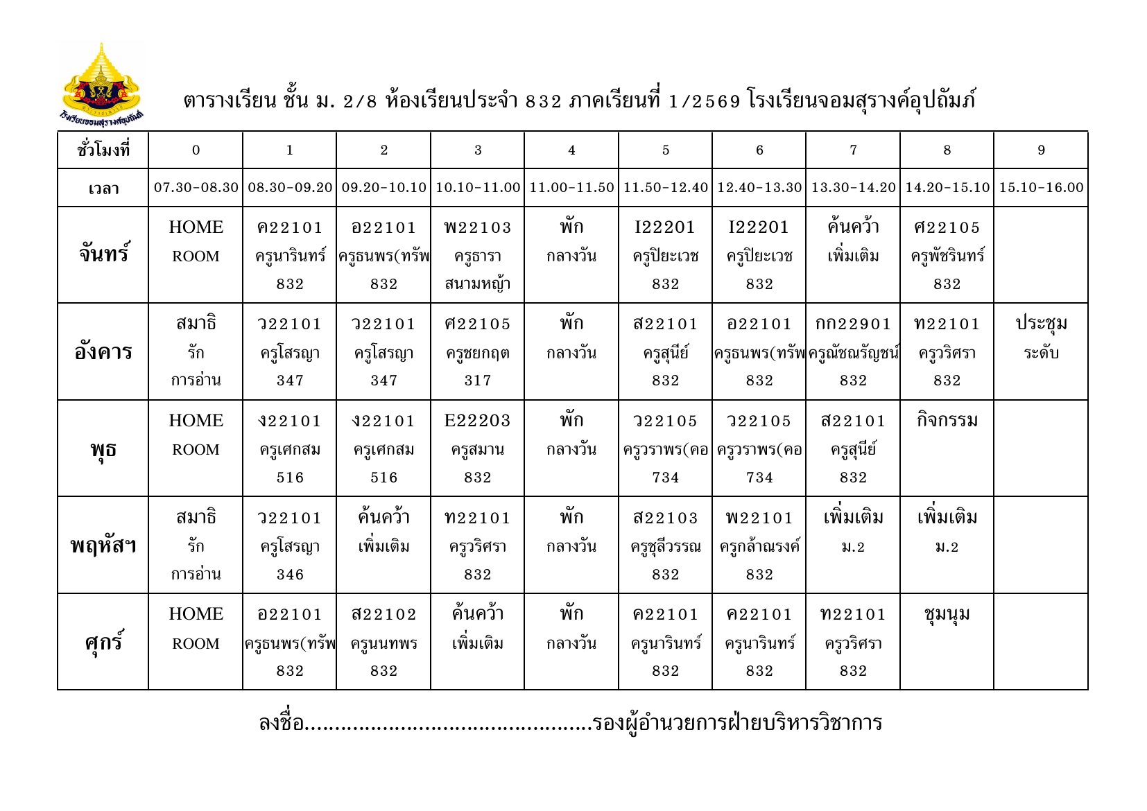 ตารางเรียน มัธยมศึกษาปีที่ 2/8