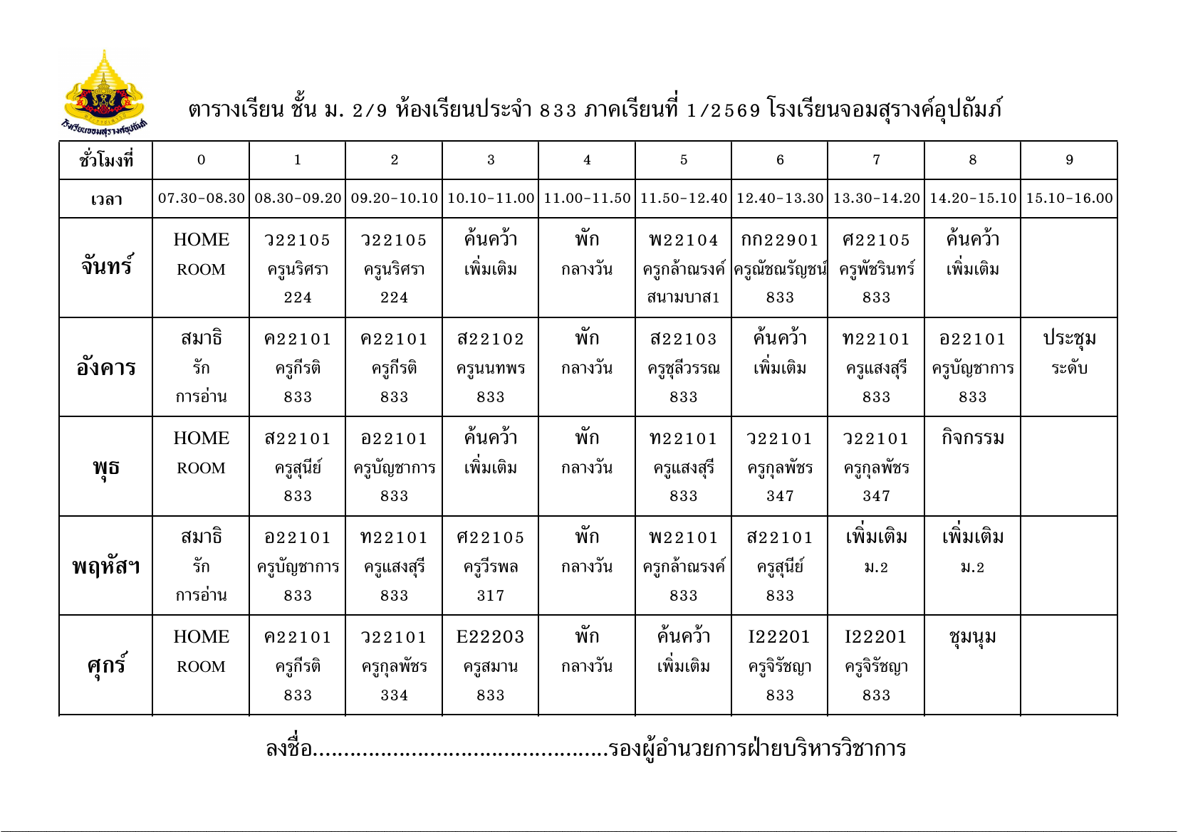 ตารางเรียน มัธยมศึกษาปีที่ 2/9
