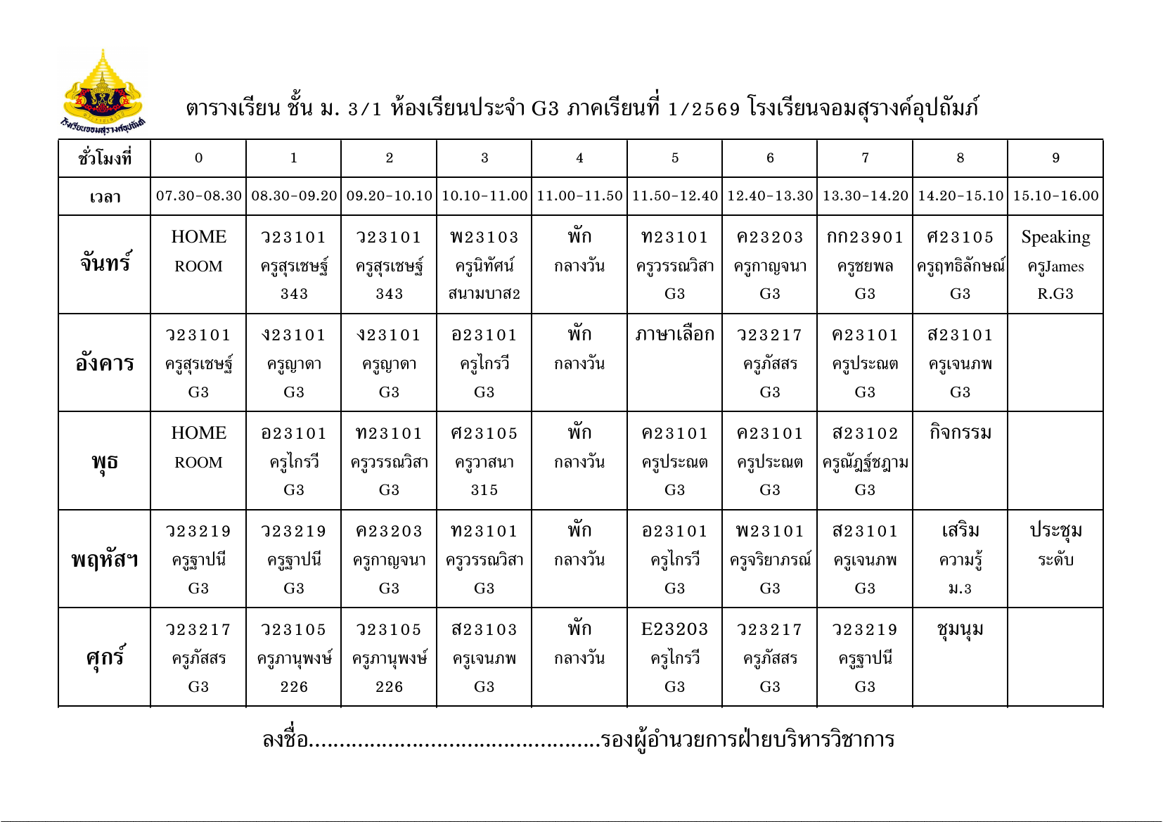 ตารางเรียน มัธยมศึกษาปีที่ 3/1