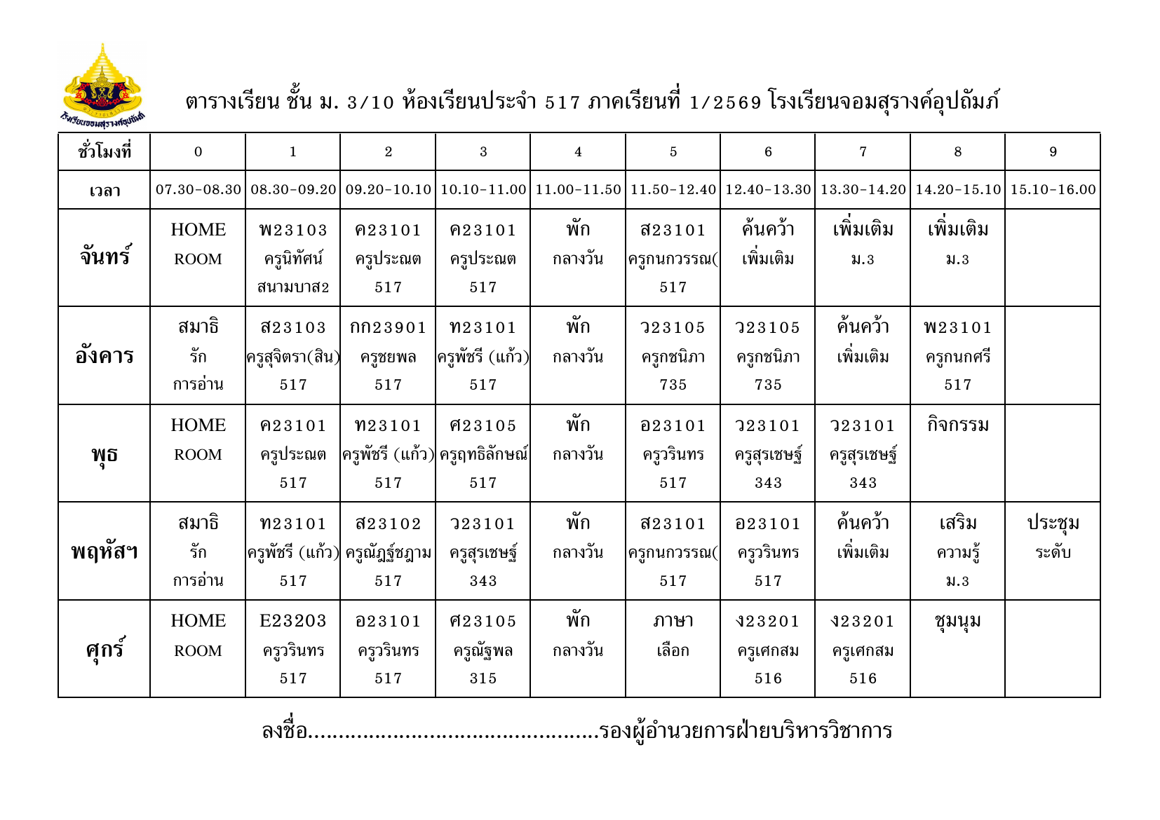 ตารางเรียน มัธยมศึกษาปีที่ 3/10