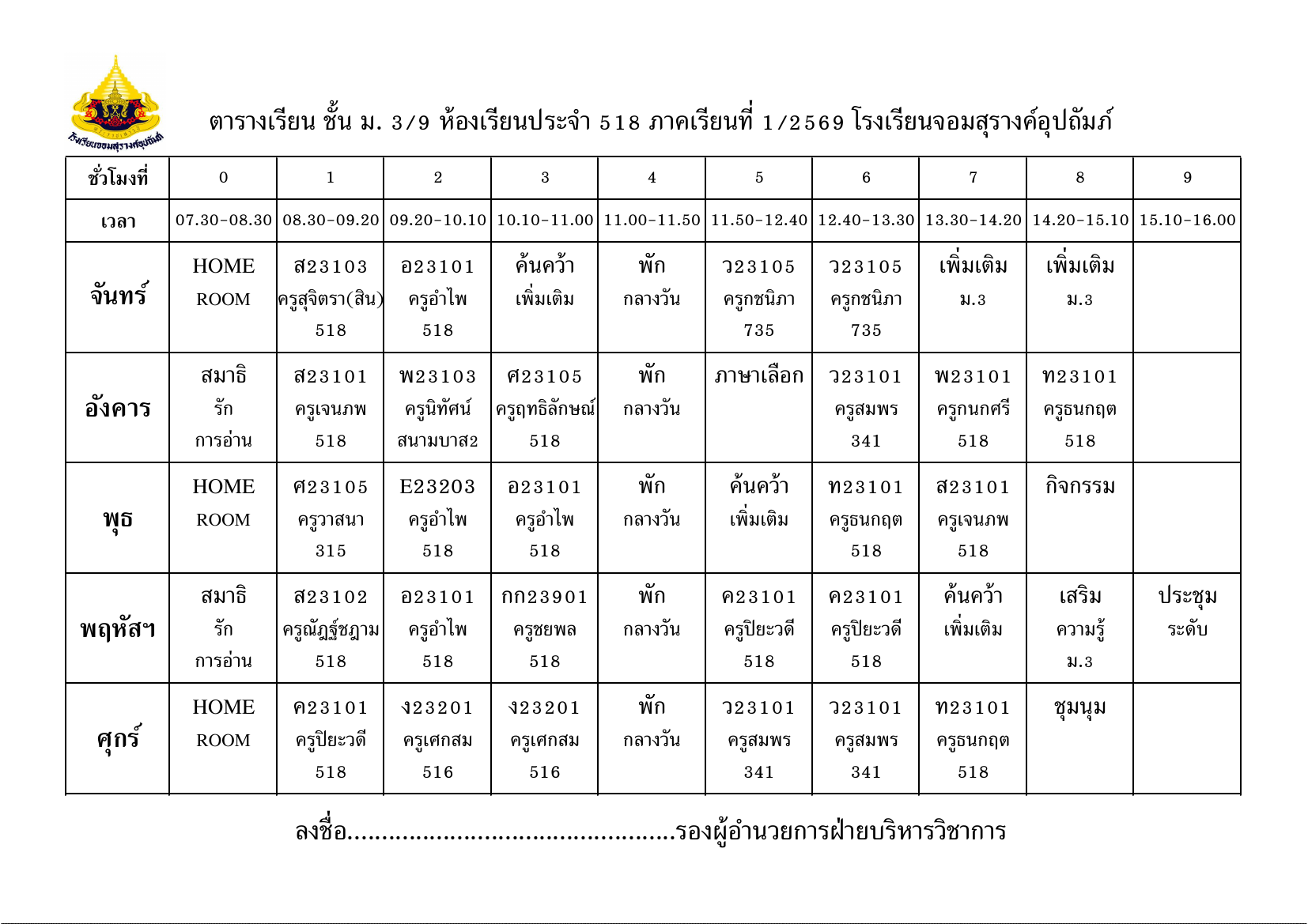 ตารางเรียน มัธยมศึกษาปีที่ 3/9