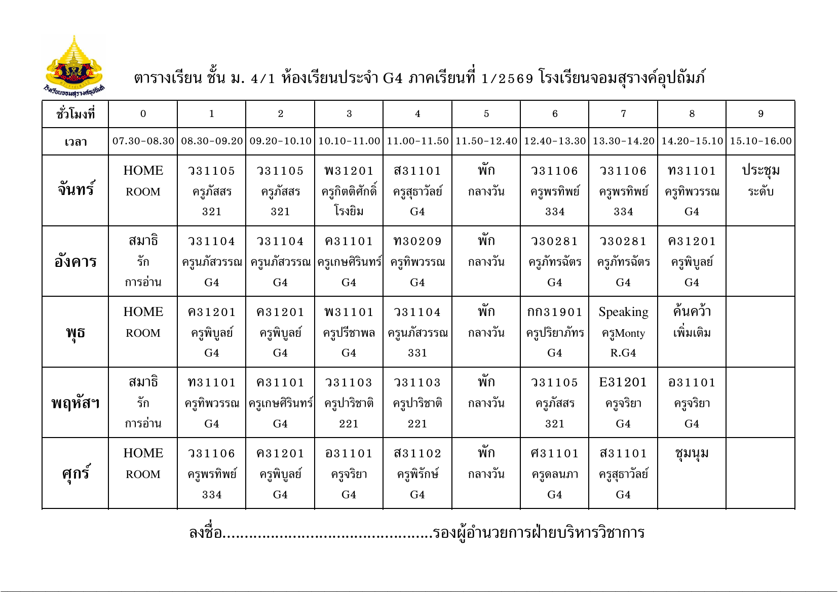 ตารางเรียน มัธยมศึกษาปีที่ 4/1