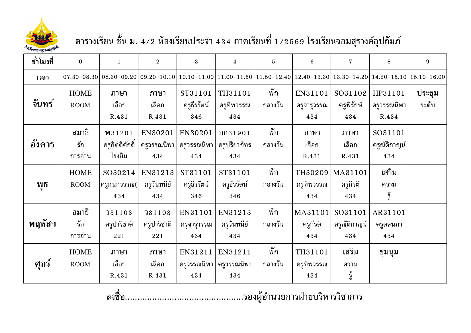 ตารางเรียน มัธยมศึกษาปีที่ 4/2