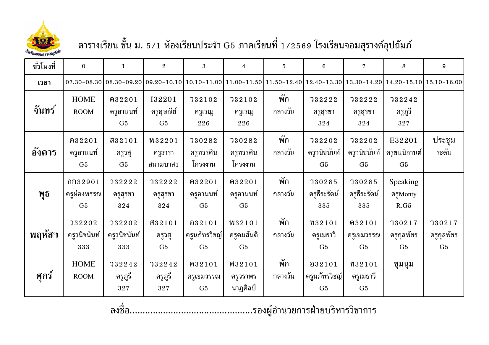ตารางเรียน มัธยมศึกษาปีที่ 5/1