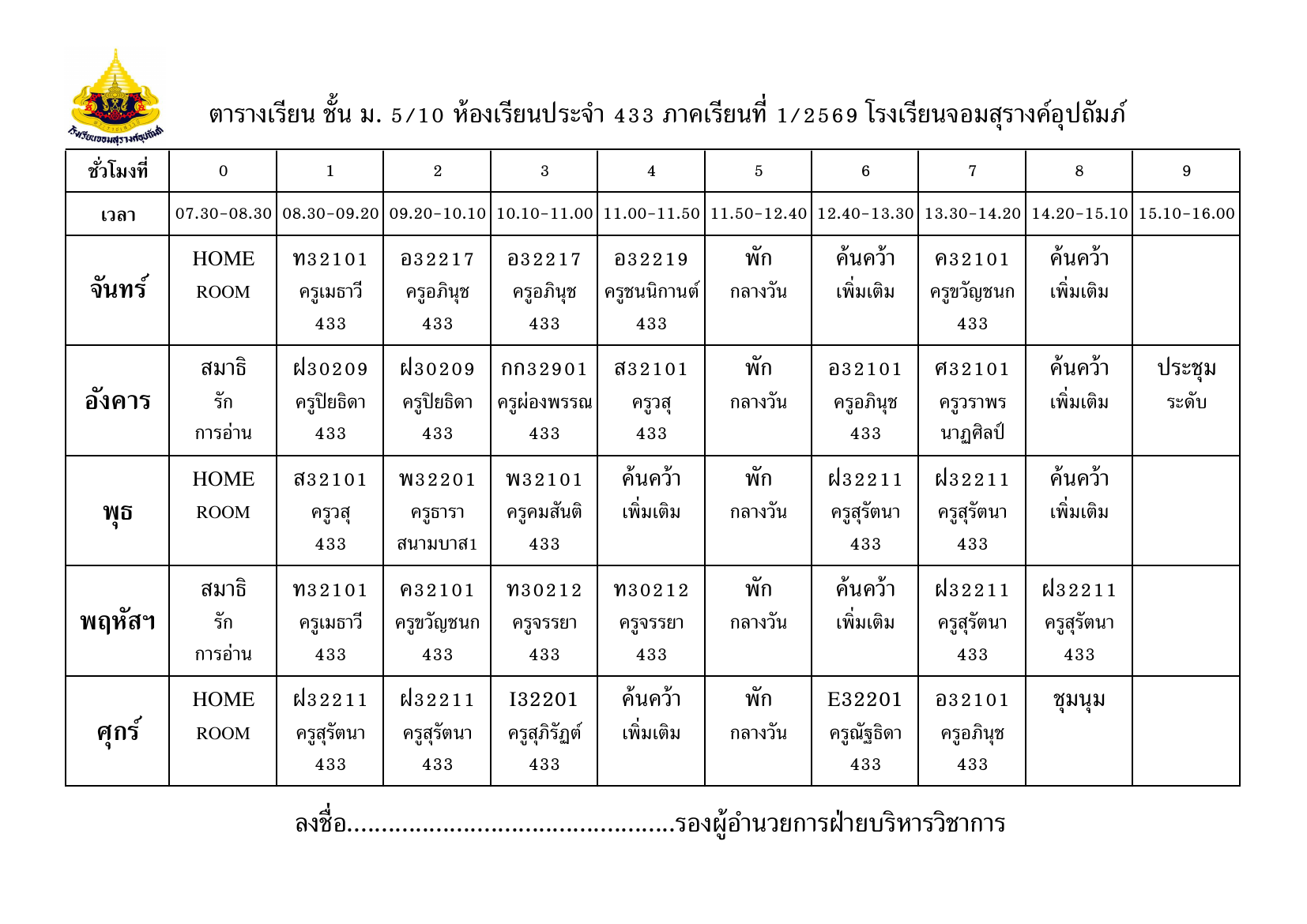 ตารางเรียน มัธยมศึกษาปีที่ 5/10