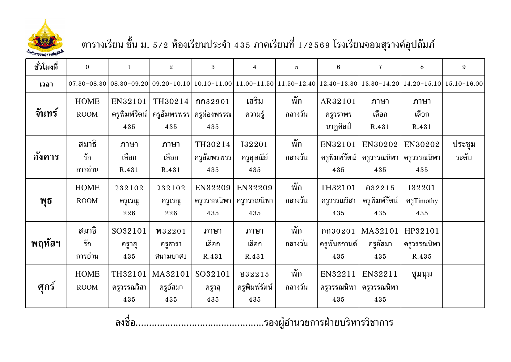ตารางเรียน มัธยมศึกษาปีที่ 5/2